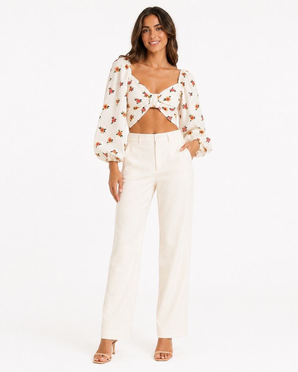 FARM RIO Floral Cross Stitch Smocked Crop Top